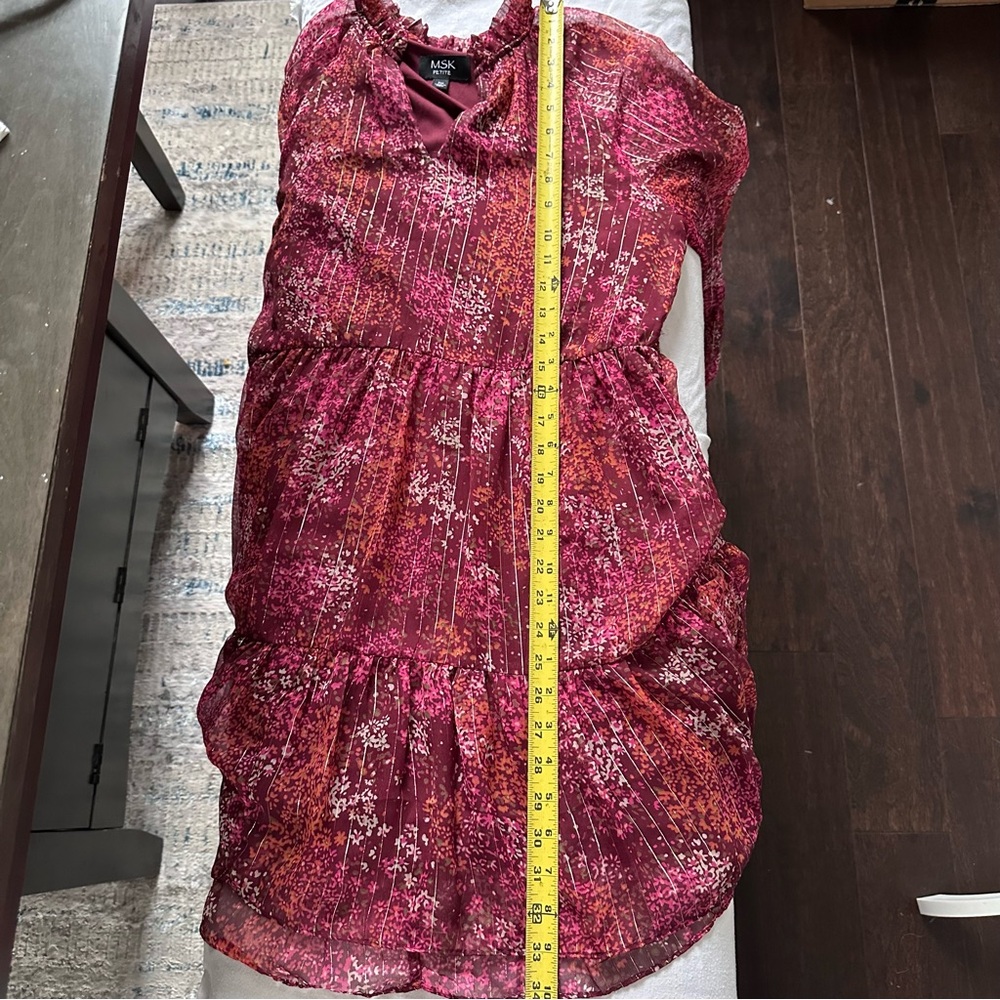 MSK Petite Floral Tiered Chiffon Dress PM Burgundy Romantic Boho Mini - Picture 12 of 13